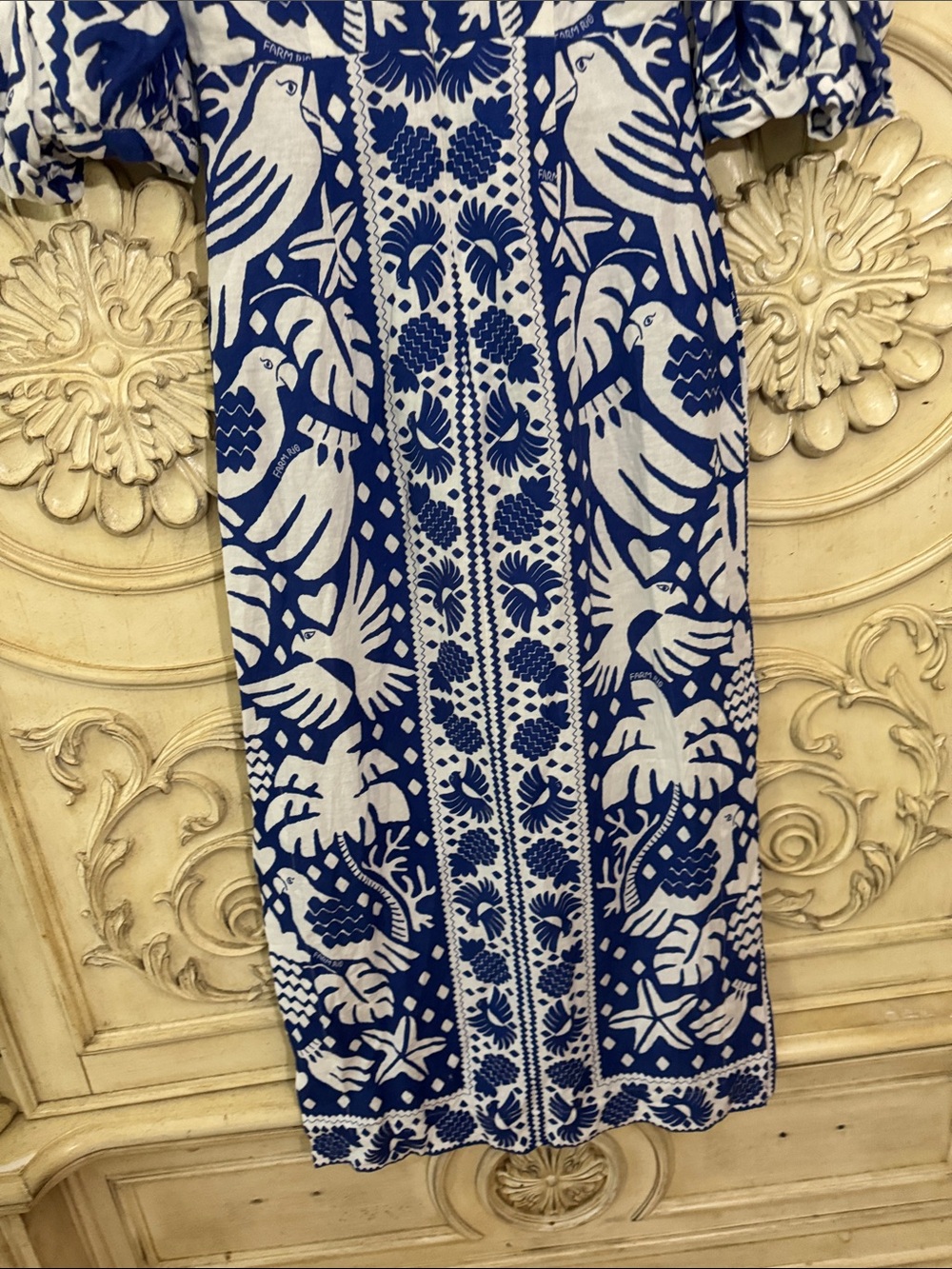 Farm Rio Jungle Scarf Puff Sleeve Cutout Linen Blend Dress In Navy Blue Size S - Picture 14 of 16